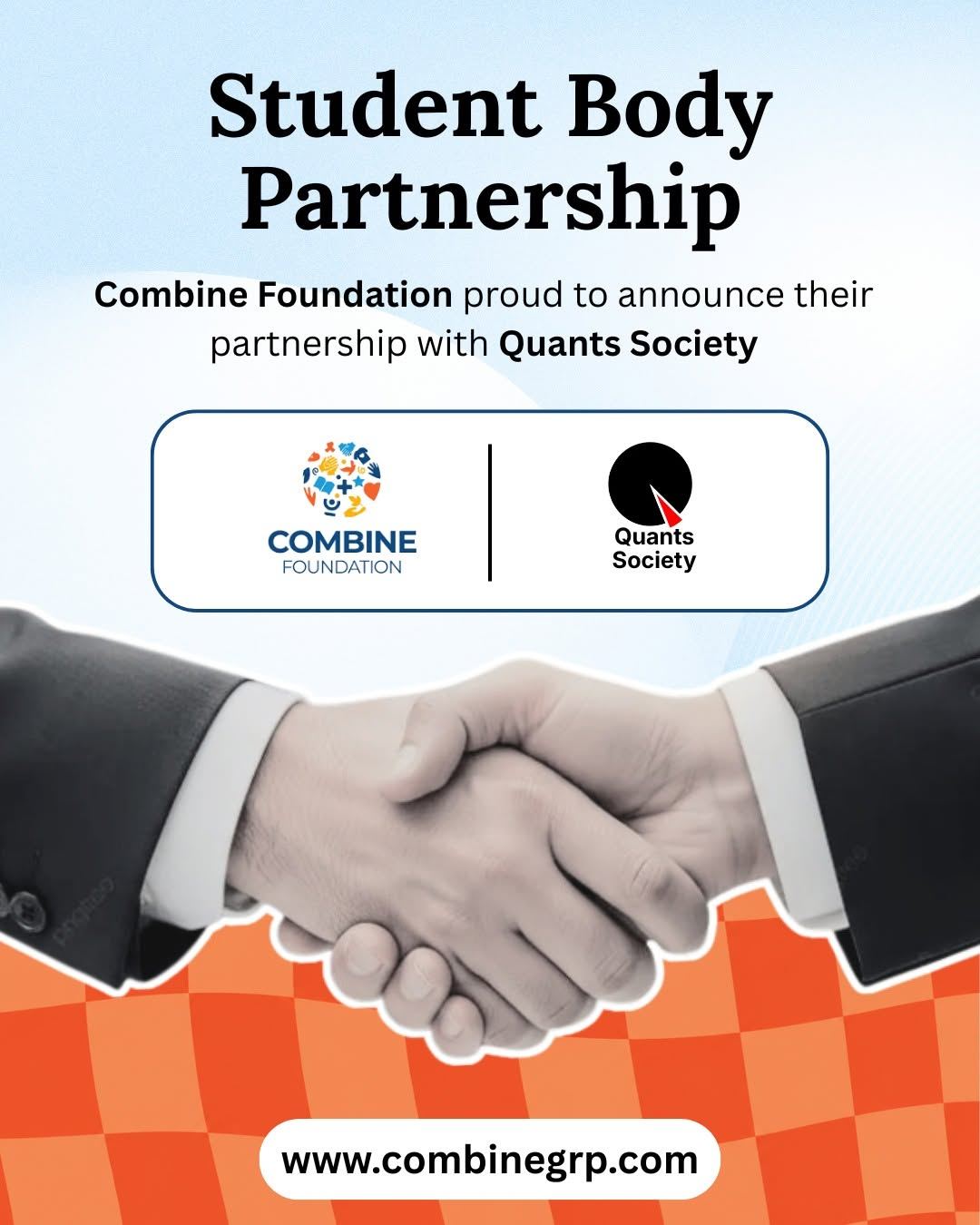 Student Body Partnership announcement poster between Combine Foundation and Quants Society