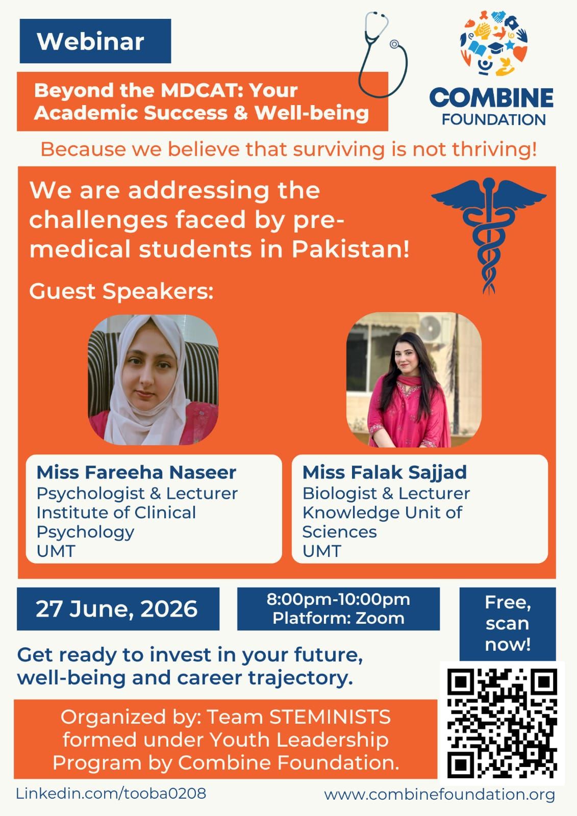 Webinar poster: Beyond the MDCAT, Your Academic Success and Well-being, organized by Team STEMINISTS under YLP